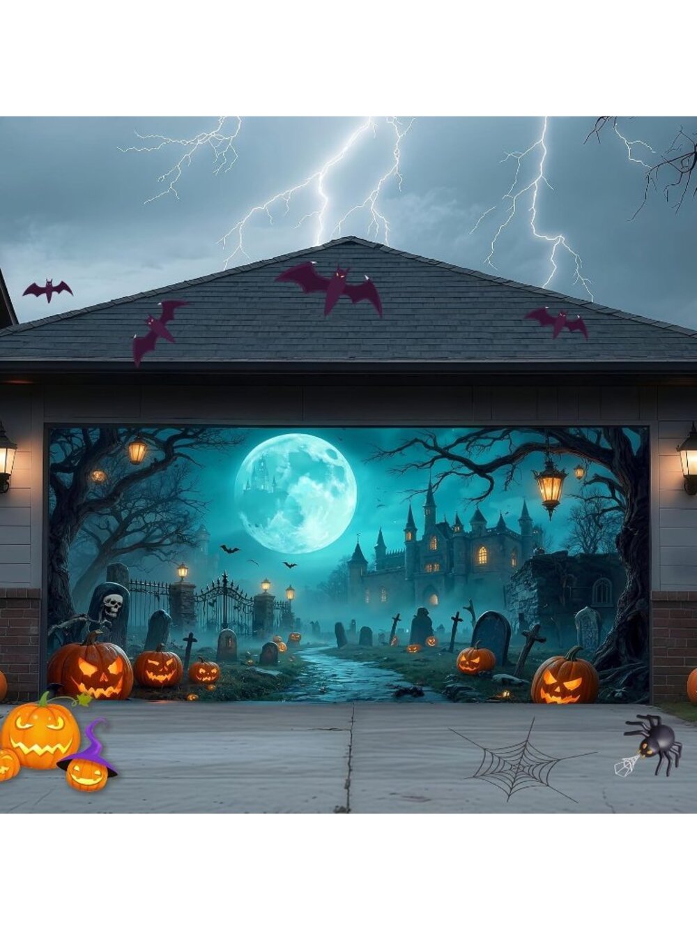 Halloween Garage Door Cover Banner 7FT Cemetery Castle Large Hanging Backdrop
